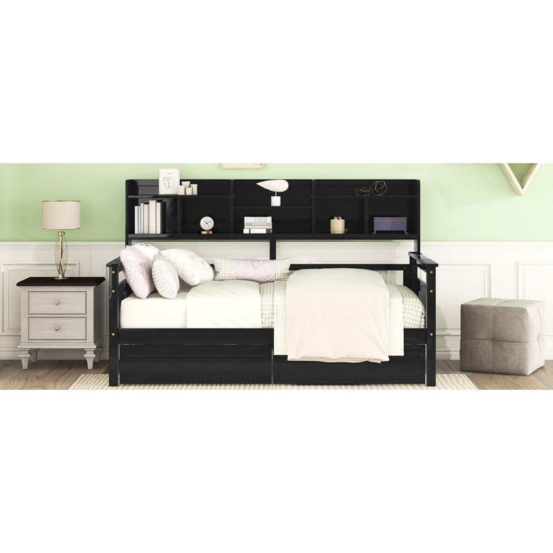 -colored Daybed With Strong Wood Construction, Two Drawers, And Bedside Shelf Twin Size In , Solid Slats Functional Storage For Your Home