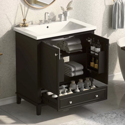 Ensemble de meuble-lavabo 30 po avec lavabo, armoire de salle de bain multifonctionnelle avec portes et tiroir, structure solide et panneau de fibres à densité moyenne