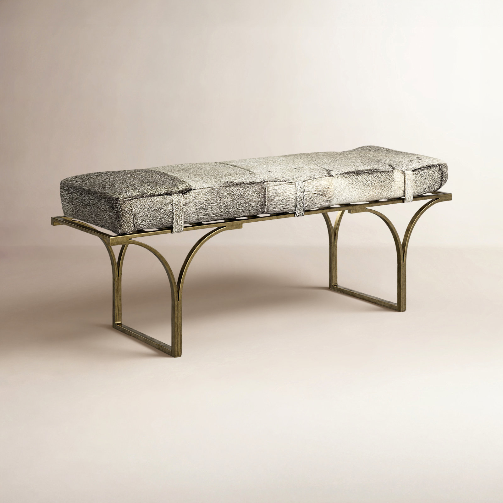 Magnolia Bench, Gray Hair on Hide Genuine Leather