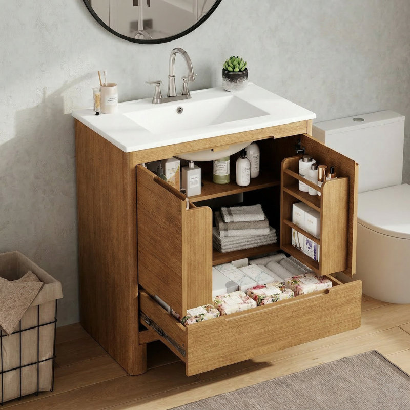 30 Inch Freestanding Bathroom Storage with Ceramic Sink, Solid Wood Frame, Soft Close Doors & Drawers, Oak