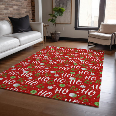 Machine Washable Indoor/Outdoor Snowflake Ho Ho Ho Xhevrie Red Rug