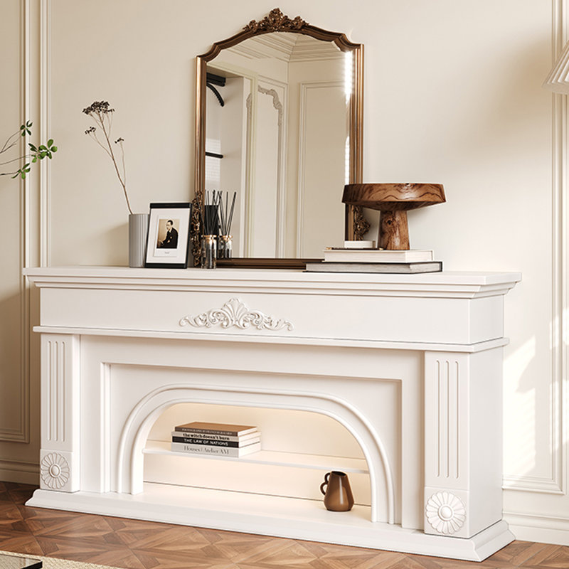 Beige Solid Wood TV Cabinet Fireplace, 29.53" H x 70.87" W x 13.78" D
