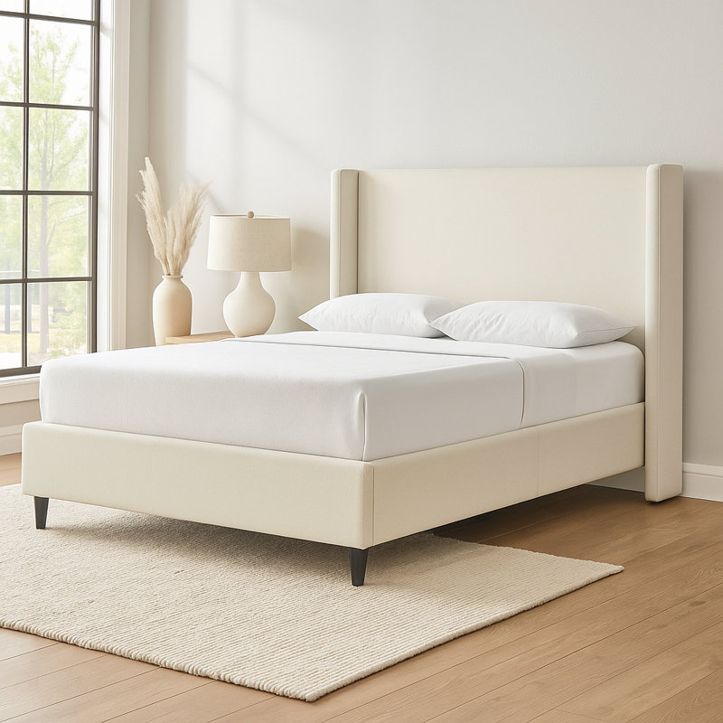 Ana Upholstered Wingback Bed, Ivory Canvas, King
