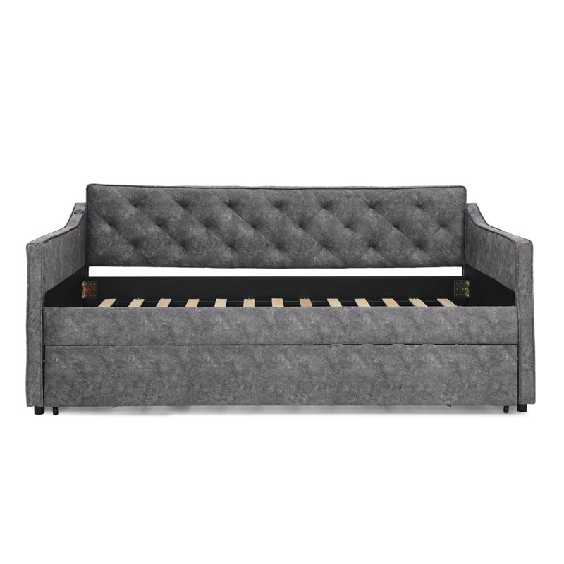 Upholstery Daybed With Twin Size Pop-Up Trundle And USB Charging Design For Guest Rooms And Small Spaces., Gray