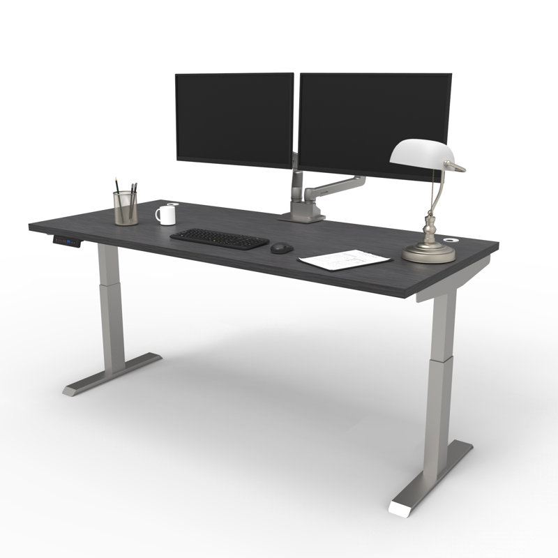 Skyscraper Electric Height Adjustable Standing Desk, Dual Motor and Digital Control with Memory, 60x30, Charcoal Strand Top with Brushed Silver Frame
