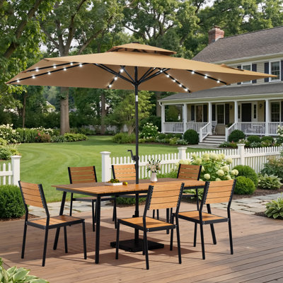 6-Person Aluminum Outdoor Dining Set with Stacking Chairs, Solar LED Light Umbrella and Weighted Base
