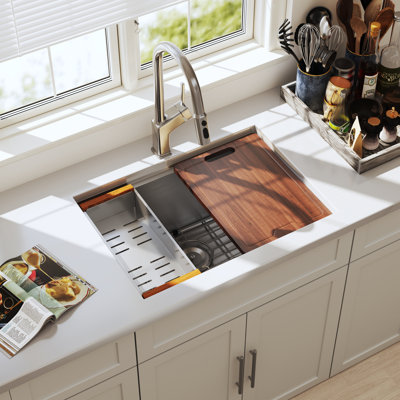 Blenzia 23 Inch Workstation Undermount Kitchen Sink 16 Gauge Stainless Steel Single Bowl Handmade Sinks With Accessories 23" X 18" X 9"