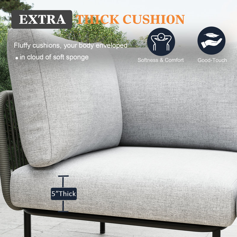 Outdoor Patio Woven Rope Wicker Modular 9 Pieces Sectional Set With Fire Pit Table And Cushions, Light Grey