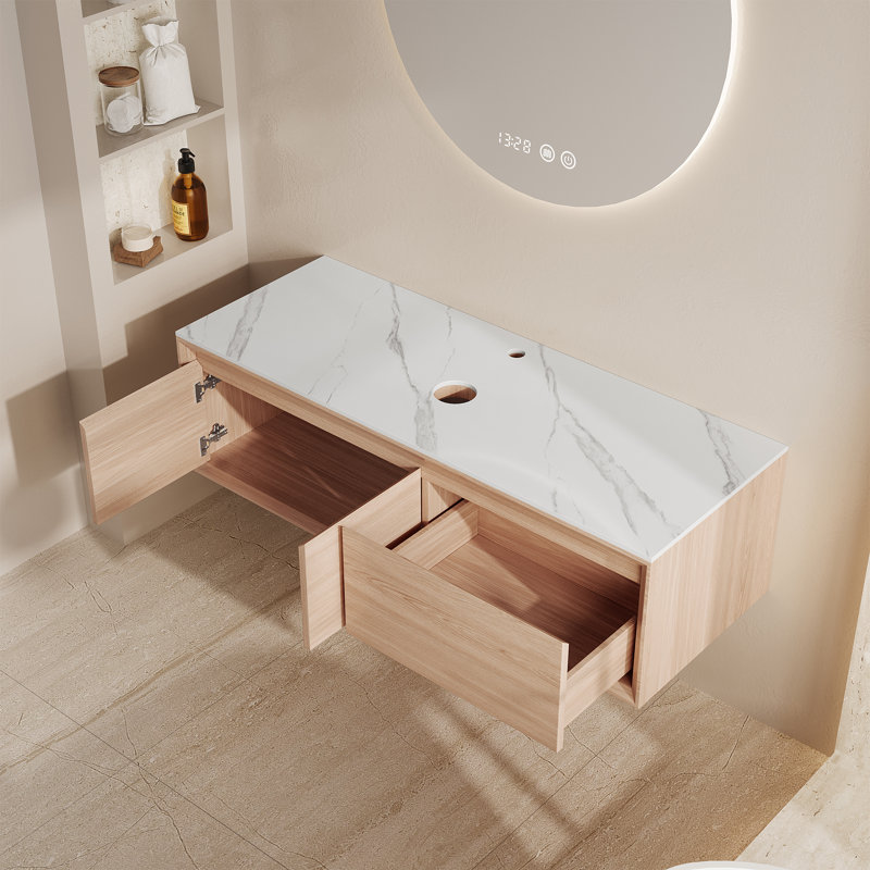 Base de meuble-lavabo flottant 47 po seulement, structure en bois massif multicouche avec 1 tiroir et 1 armoire, plateau en pierre frittée blanche