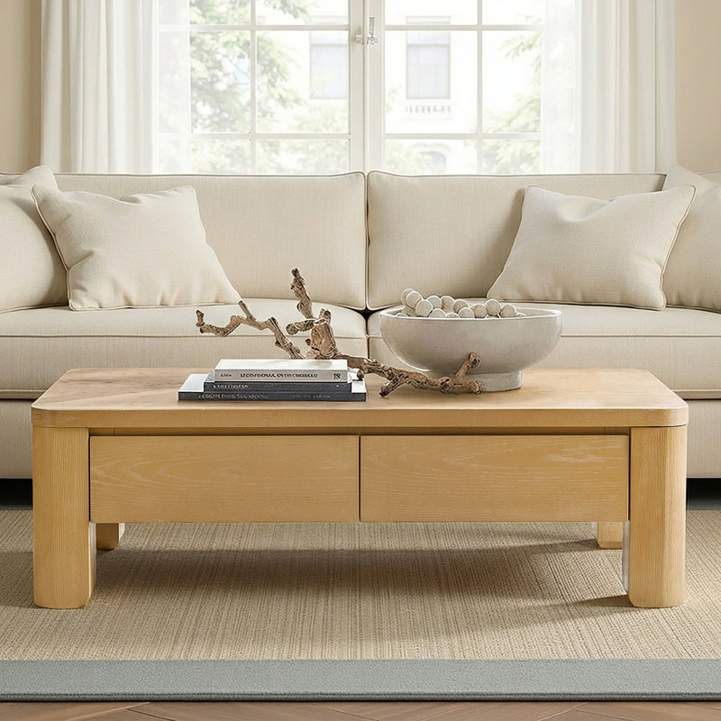 Waynesville Inkwell 55.1"W Modern Farmhouse Oak Drawer Storage Coffee Table With Solid Wood Legs, Natural