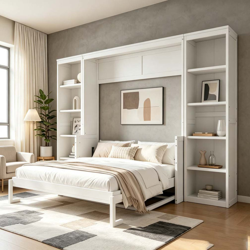 Grand lit escamotable avec bureau et tablettes, Blanc