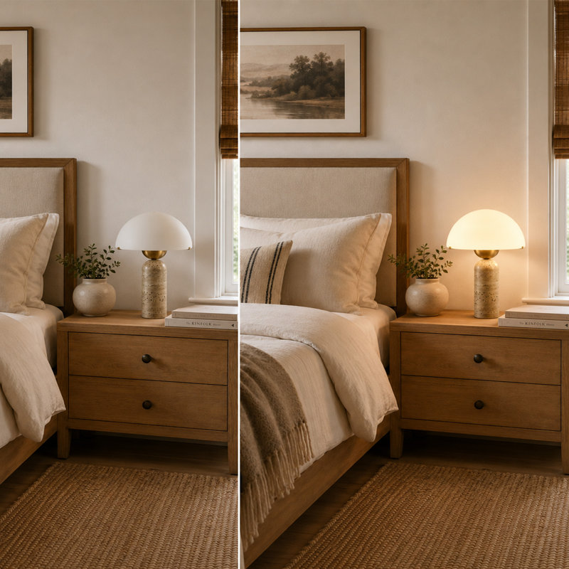 Natural Stone Table Lamp, Mid-Century Modern Dome Mushroom Lamp With Yellow Travertine Base And Frosted Glass Shade, Minimalist Bedside Nightstand Light For Bedroom, Living Room 14.5" Height