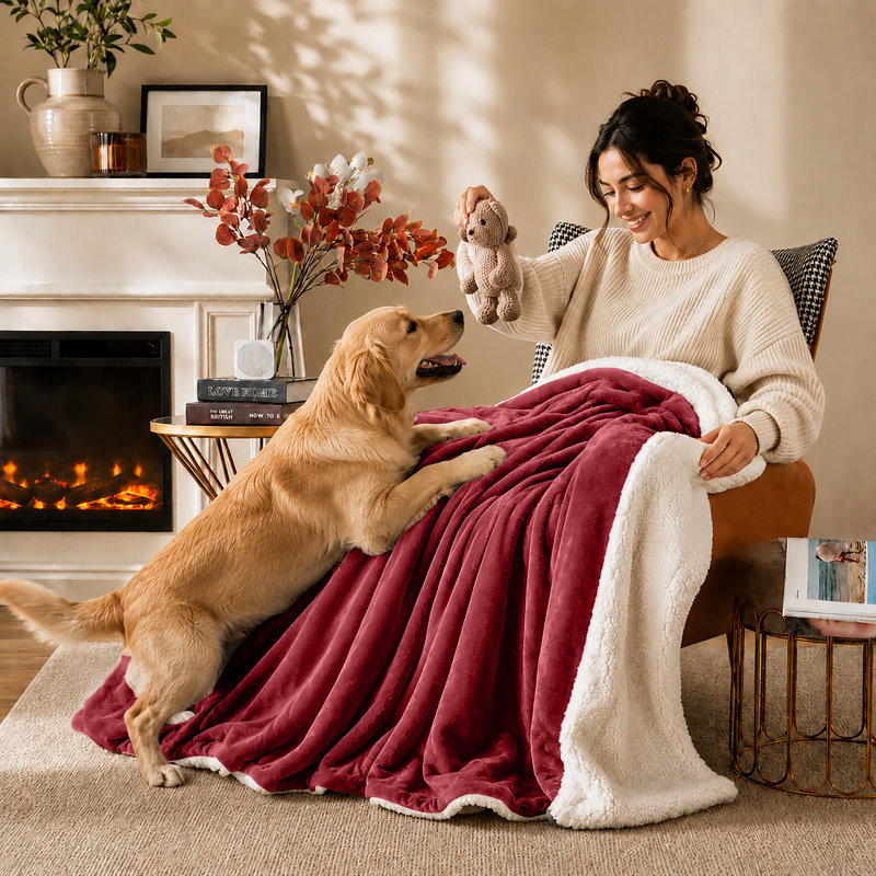 Reversible Sherpa Fleece Blanket – Soft Warm Throw for Sofa & Bed, Double (150cm x 200cm), Burgundy