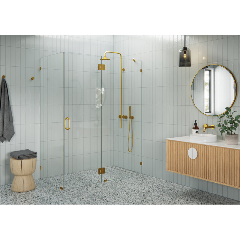 Halo 58 in. x 32 in. x 78 in. 90-degree Fully Frameless Glass Hinged Shower Enclosure, Satin Brass