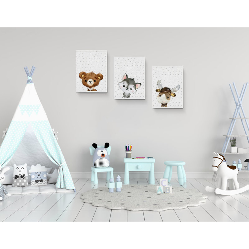 Mignon renard, ours, cerf, dessin animé - ensemble de 3 reproductions sur toiles tendues, H 24 po x l 48 po x P 1,5 po