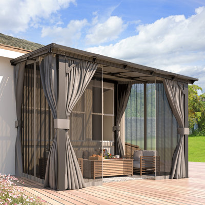 Wall-Mounted Lean To Pergola Gazebo With Curtains And Netting