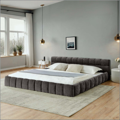 Lit plateforme tapissier en chenille moderne, base de lit avec profil bas et tête de lit rembourrée, construction solide et solide, aucun sommier tapissier requis pour la chambre à coucher