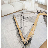 Hand Knotted Abstract Area Rug in Silver/Black/Beige