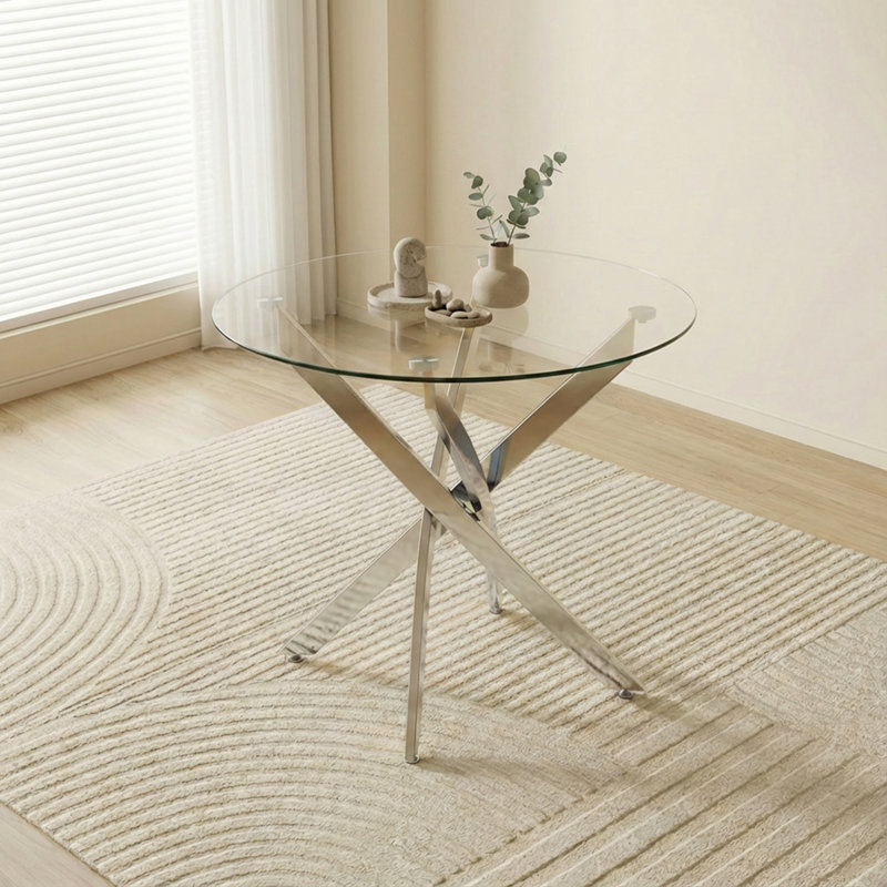 Round Dining Table, 35.5" Glass Dining Table with Silver Legs, Modern Kitchen Table for Home Kitchen, Dining Room