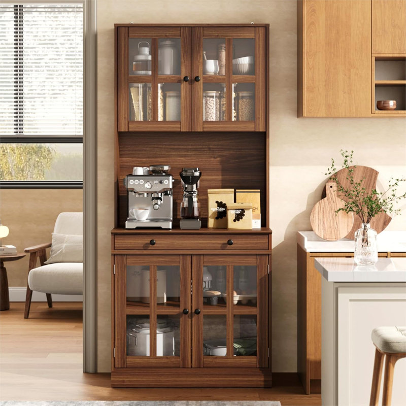 Armoire de cuisine 72 po en noyer avec portes en verre, tiroir et tablettes réglables - rangement pour bar à café, Walnut