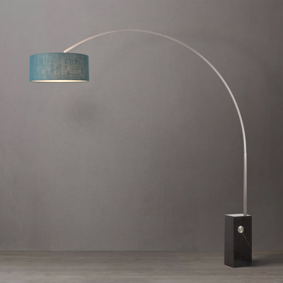 Lampe en arc Iconic 95 po - Mid-Century moderne, acier nickel satiné, base en marbre noir, abat-jour tambour en lin turquoise, à intensité variable, compatible avec interrupteur intelligent