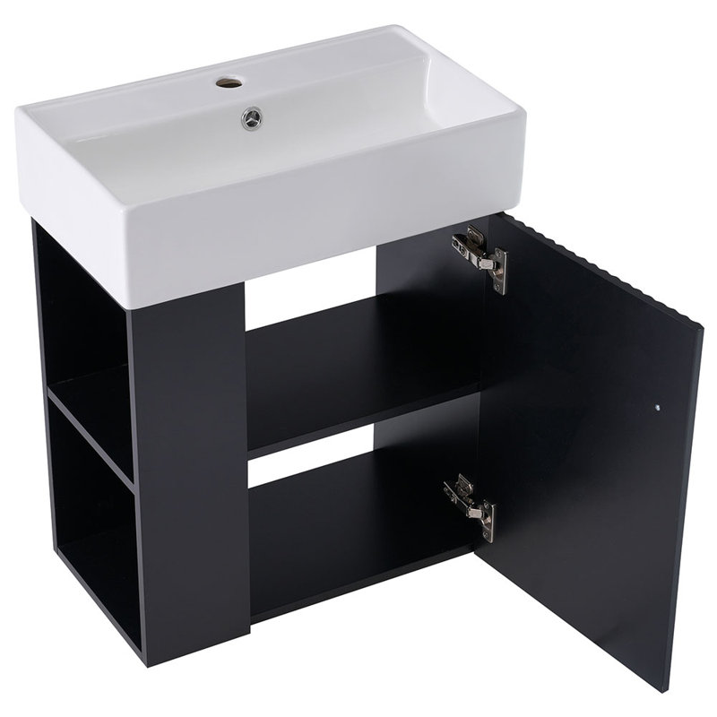 Meuble-lavabo flottant moderne avec lavabo en céramique parfait pour les petites salles de bain, Noir, noir, noir, noir
