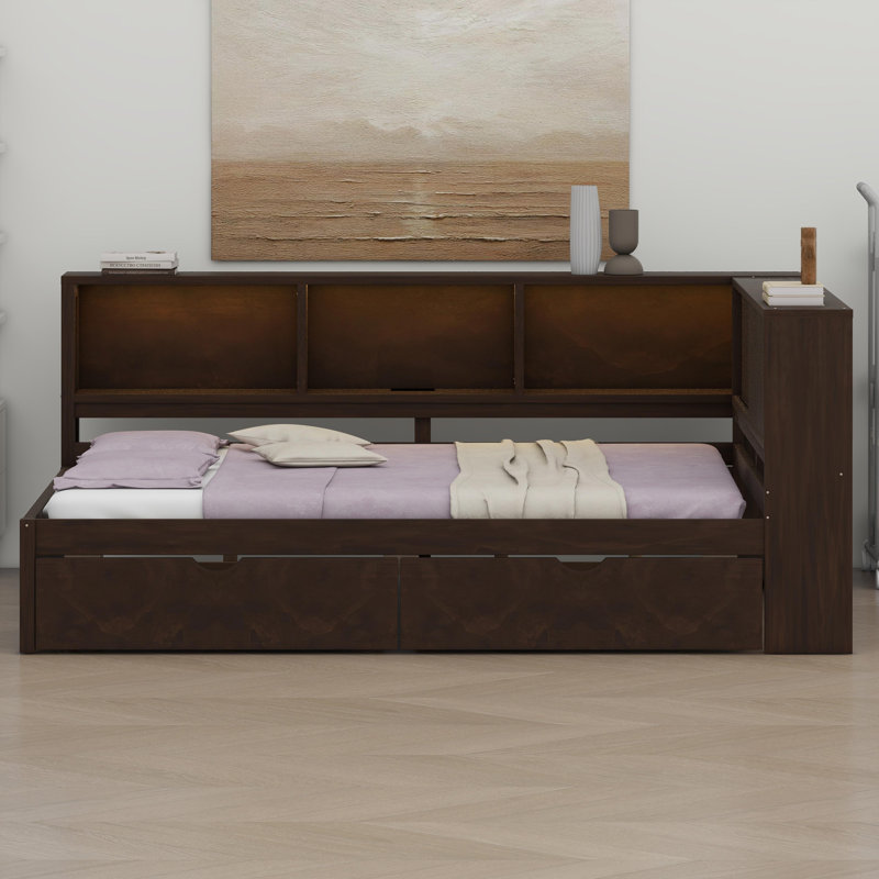 Lit de jour moderne avec lumières DEL, ports de chargement USB, tablettes de rangement et tiroirs, Brun