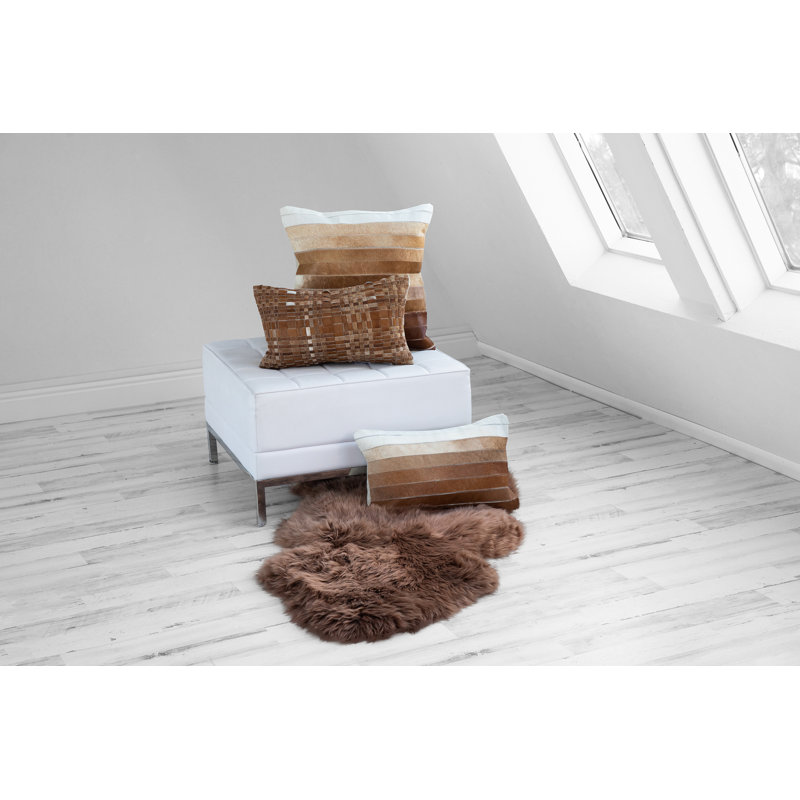  Cowhide Decorative Cushion Brown Ombre Strip Design – Leather Accent, Cream/Tan, 20"H x 20"W, Square