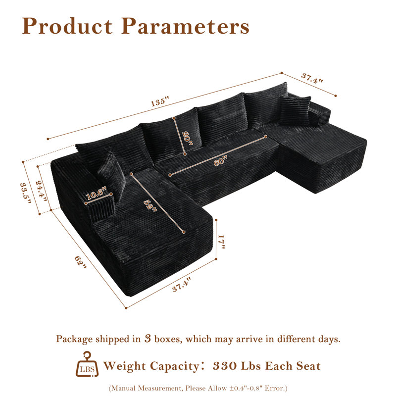 No Assembly Required Compression Packed 3-piece Cloud Modular Upholstered Sectional Sofa, Black Polyester/Corduroy