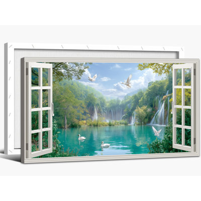  Printemps, paysage naturel, décoration murale sur toile, fenêtre ouverte, peinture sur toile, grande forêt et cascade