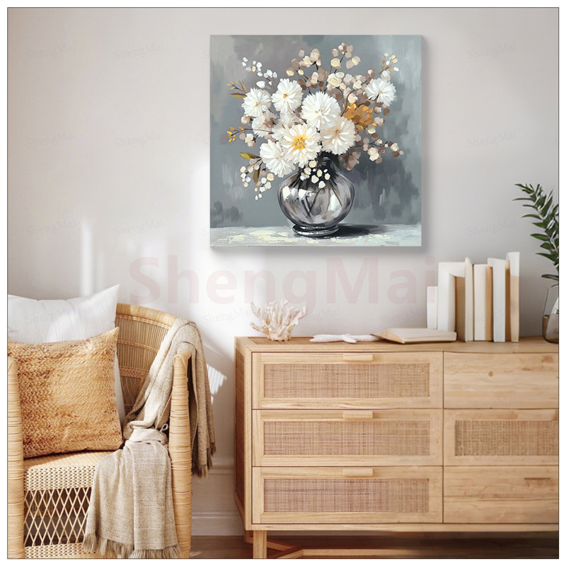 Vase en verre de chrysanthème, art mural sur toile, décor de salle de bain de style champêtre, impressions botaniques de campagne rétro pour la maison