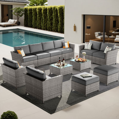 Cassville 8 - Person No Assembly Required Outdoor Conversation Set, Wicker Sectional Seating Group with Cushions, All Weather Patio Sofa Set with Optional Fire Pit Table for Garden Backyard