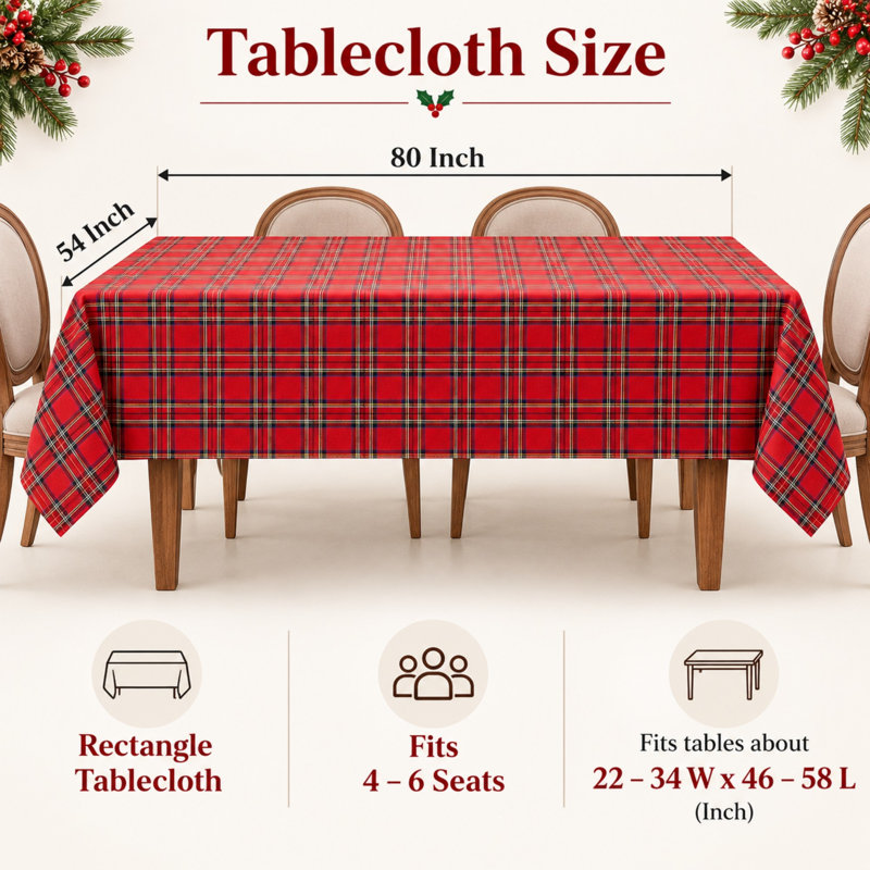 Red Plaid Christmas Cotton Blend Tablecloth, 54 by 80 Inch