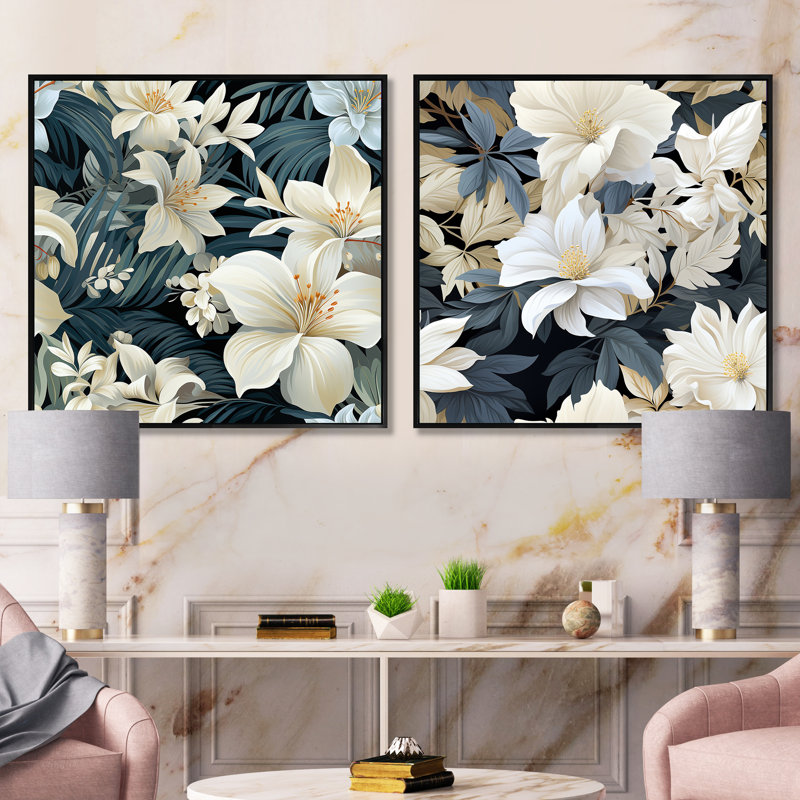 Aymen - Ensemble de 2 collages carrés floraux, Cadre flottant noir, H 16 po x l 33 po