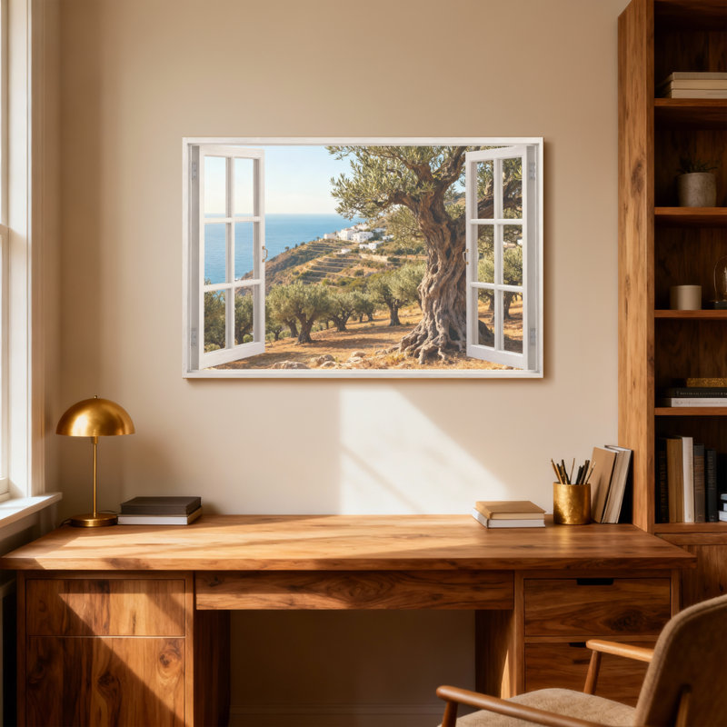 Paysage et nature, fenêtre ouverte, oliviers, vue sur la mer, paysage, H 12 po x l 18 po