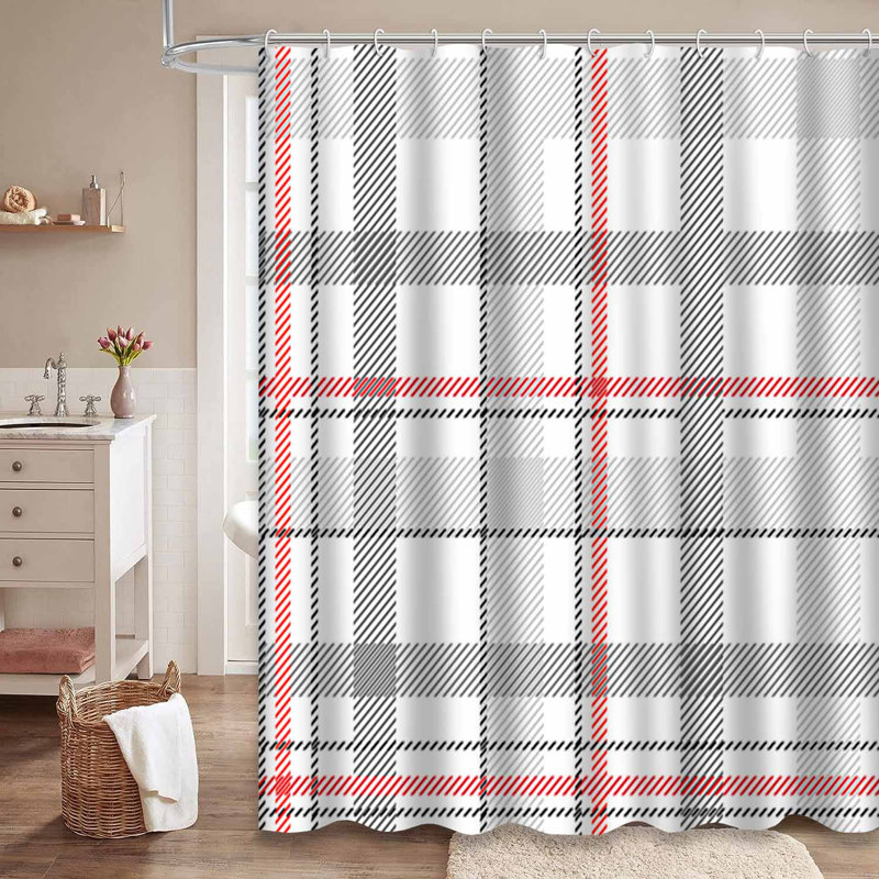 Rideau de douche en coton à carreaux rétro avec 12 crochets, L 72 po x l 72 po
