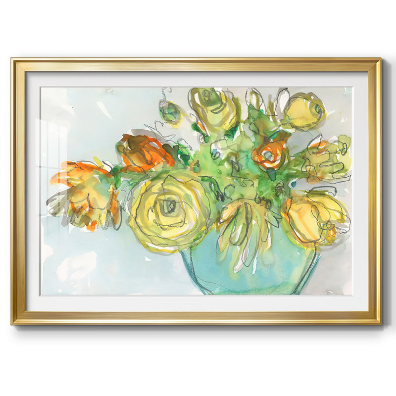 Impression florale printanière avec cadre en I et verre biseauté mat, Or, H 19 po x l 27 po x P 1,5 po