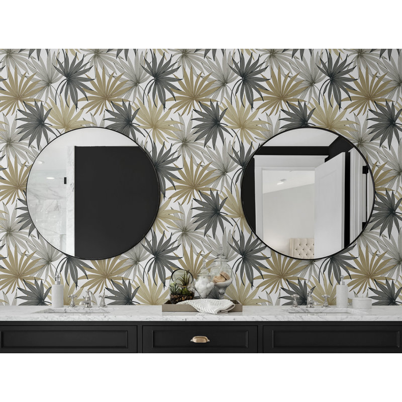Tropic Palm Toss Luxe Haven Peel and Stick Wallpaper, Harbor Gray/Khaki