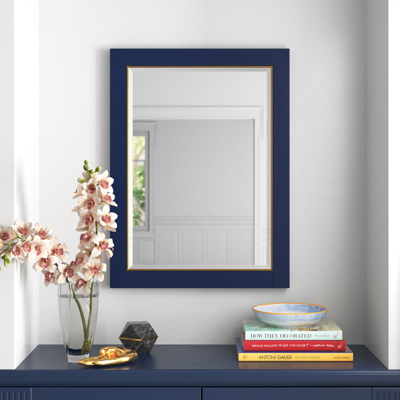 Donahue Solid Wood Rectangle Mirror, 32" H x 24" W, Navy Blue/Gold