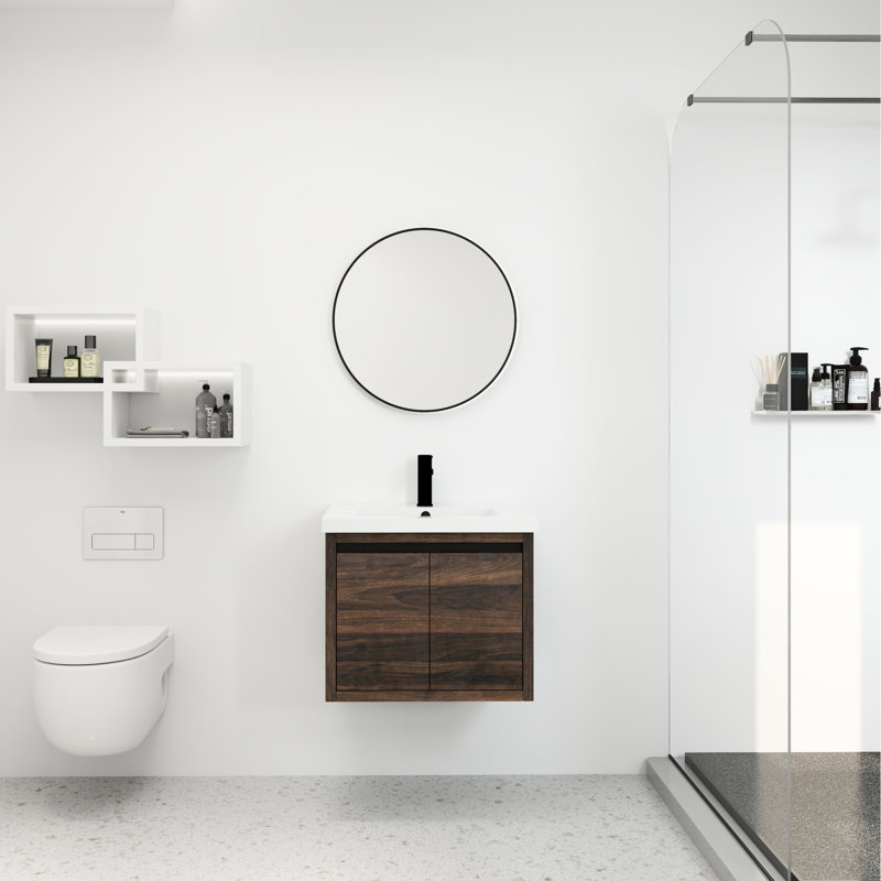 Armoire de salle de bain 24 po avec lavabo - Fixation murale, portes à fermeture en douceur, finition noyer, lavabo à fixation moderne, noyer, fermeture, élégant