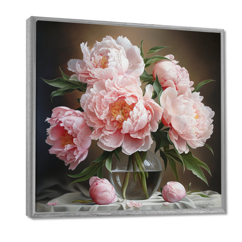 Reproduction d'art sur toile, pivoines roses, nature morte II, Encadrement argenté, 24" H x 24" W