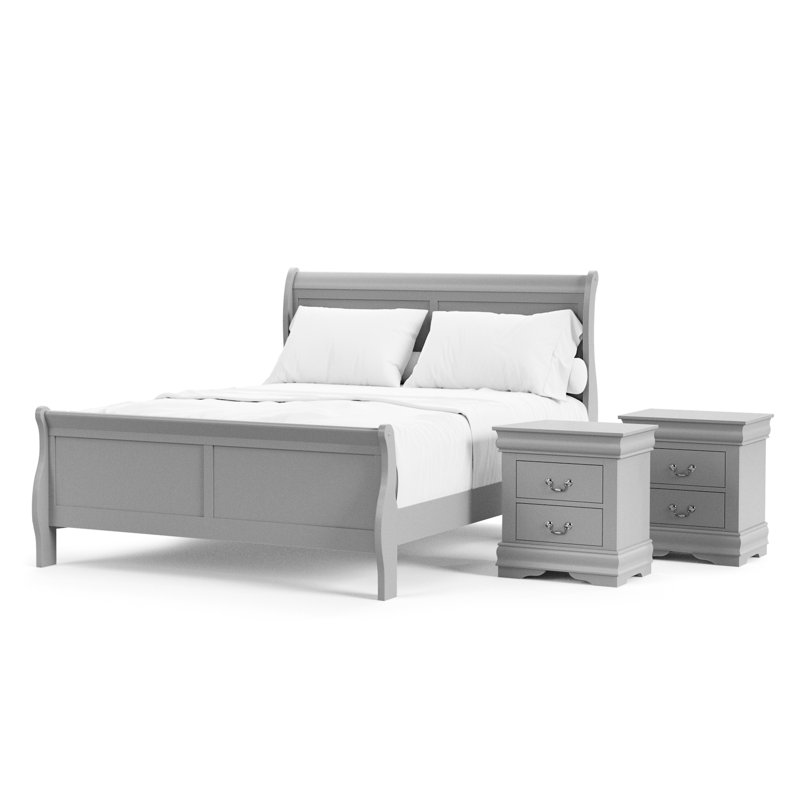 Ensemble de chambre à coucher Emelinda Extula, Gris, Grand, Trois pièces : lit, 2 tables de chevet