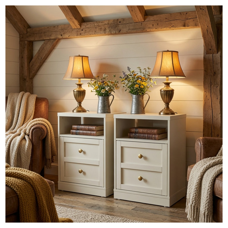 Set of 2 Beige Engineered Wood Nightstands with Door and Faux Drawer Design, 15.7" W Compact Bedside Tables