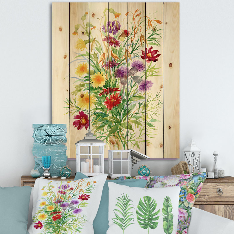 Fleurs sauvages colorées dans la nature - impression de ferme sur bois de pin naturel, H 20 po x l 10 po x P 0,78 po