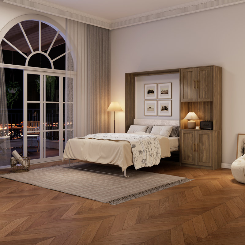 Grand lit escamotable Murphy avec tablettes de rangement latérales, armoire de lit murale grand format moderne avec lattes de bois, cadre de lit plateforme pliable caché, peu encombrant, boîte à ressorts non requise