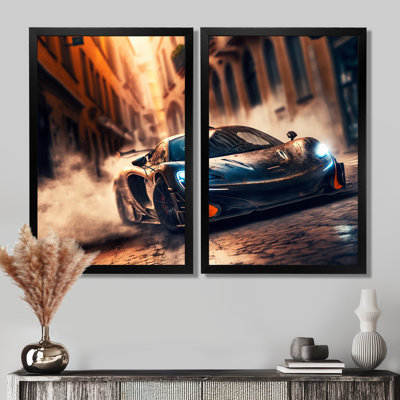 Futuristic Black Bugatti Sports Car Racing - Cars Race Car Canvas Prints, Blue Performing Arts Wall Art 2 Piece