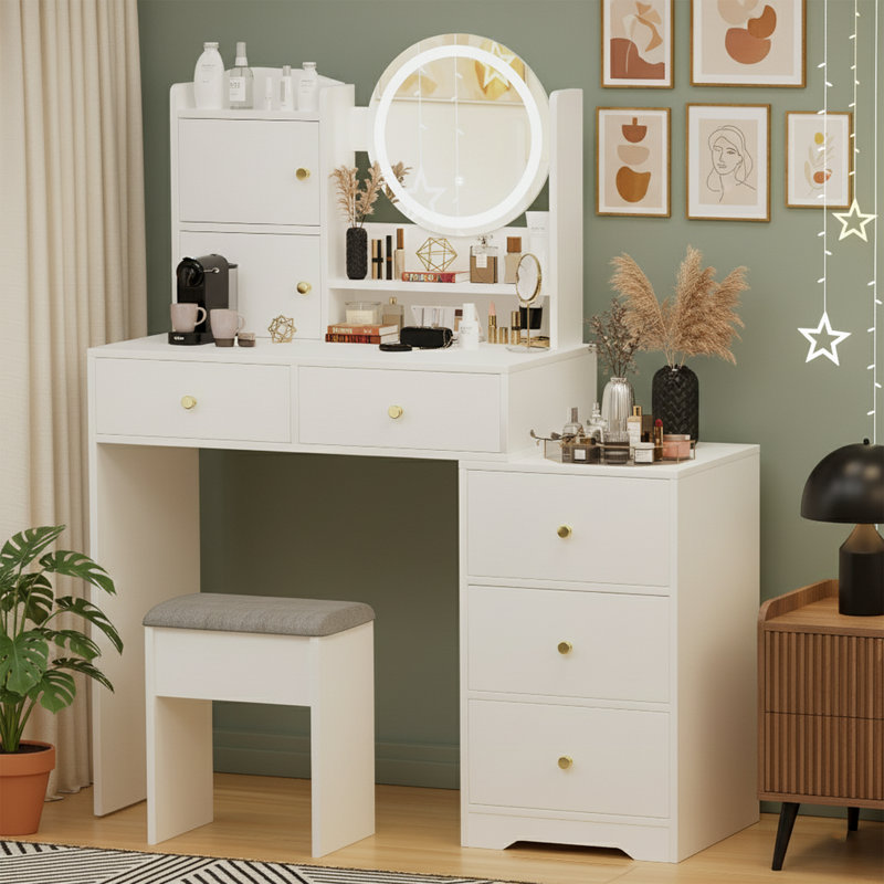47.24'' W Vanity Desk Set – White Finish, 3-Colour LED Mirror & Cushioned Stool