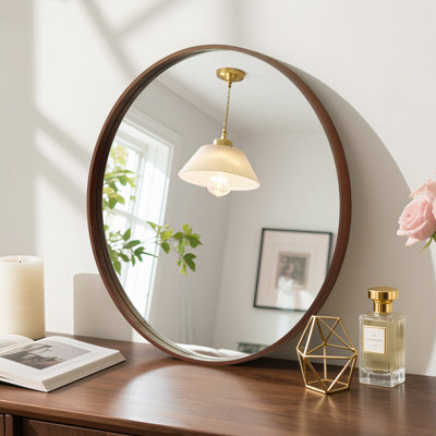 Wood Round Wall Mirror for Bathroom Bedroom Vanity Home Decoration