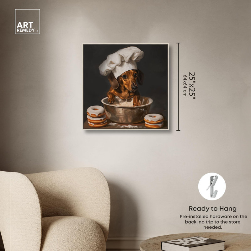 «Dachshund Sugar Donuts Canvas» par Art Remedy, Encadrement argenté, H 25 po x l 25 po x P 2 po