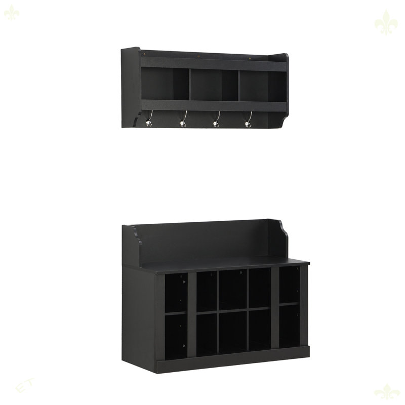 Shoe Storage Bench With Wall Mounted Coat Rack For Hallway, Black
